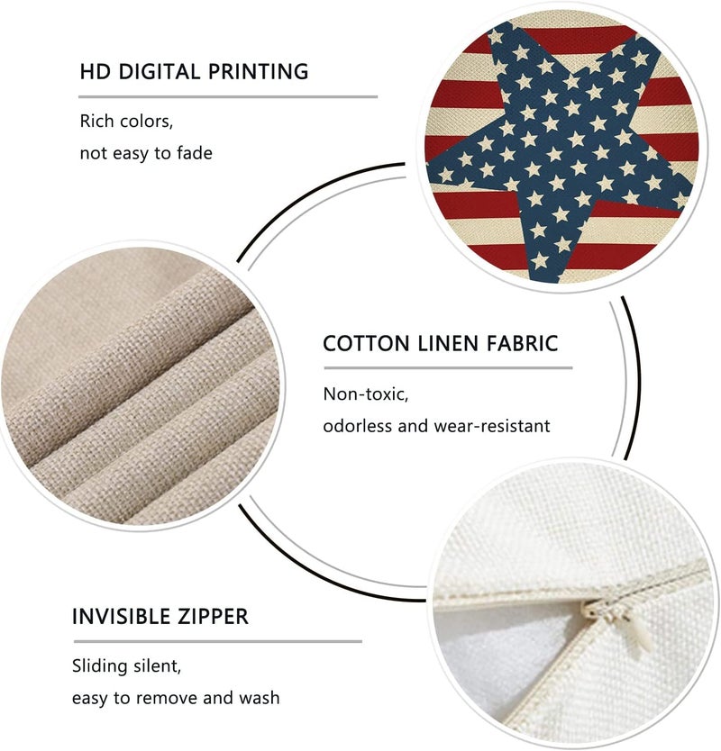 FBCOO July 4th Patriotic Farmhouse Decorative Throw Pillow Case Vintage American Flag Decoration Star Independence Day Sign Cushion Cover Home Decor 18 x 18 Inch Cotton Linen for Sofa Couch - Image 3